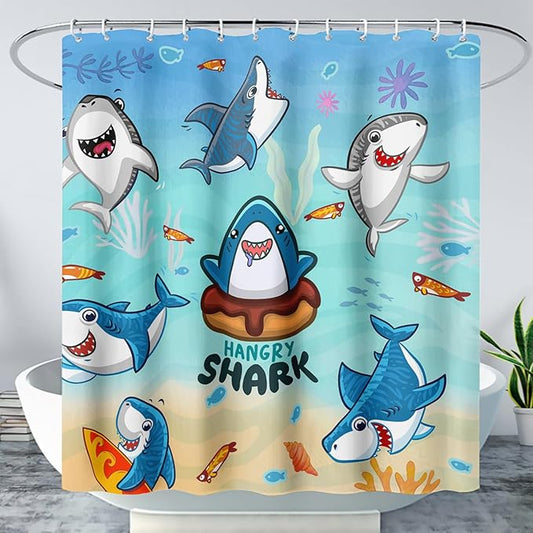 AILONEN Cartoon Shark Shower Curtain,Kawaii Donut Shark with Marine Life Bath Curtain Set for Kids Girls Boys,Fish Seaweed Fabric Shower Curtains for Bathroom, 36" W*72" H