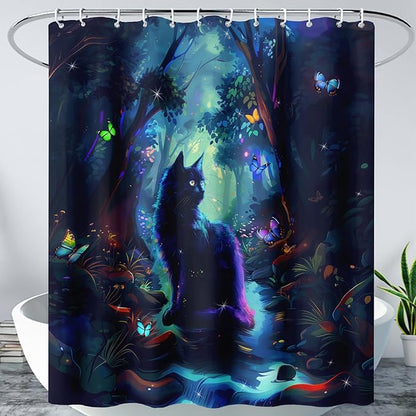 AILONEN Black Cat Shower Curtain,Cartoon Cat Shower Curtain Set for Kids Boys Girls,Boho Style Butterfly Shower Curtain Curtain for Bathroom,Mysterious Forest Curtain Set with Hooks,72" W*96" H