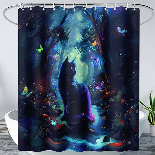 AILONEN Black Cat Shower Curtain,Cartoon Cat Shower Curtain Set for Kids Boys Girls,Boho Style Butterfly Shower Curtain Curtain for Bathroom,Mysterious Forest Curtain Set with Hooks,72" W*78" H