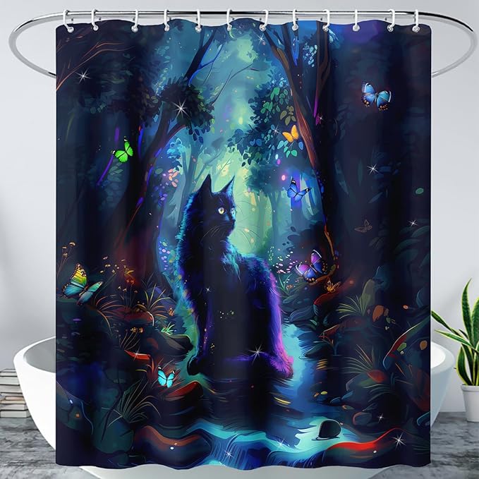AILONEN Black Cat Shower Curtain,Cartoon Cat Shower Curtain Set for Kids Boys Girls,Boho Style Butterfly Shower Curtain Curtain for Bathroom,Mysterious Forest Curtain Set with Hooks,48" W*72" H