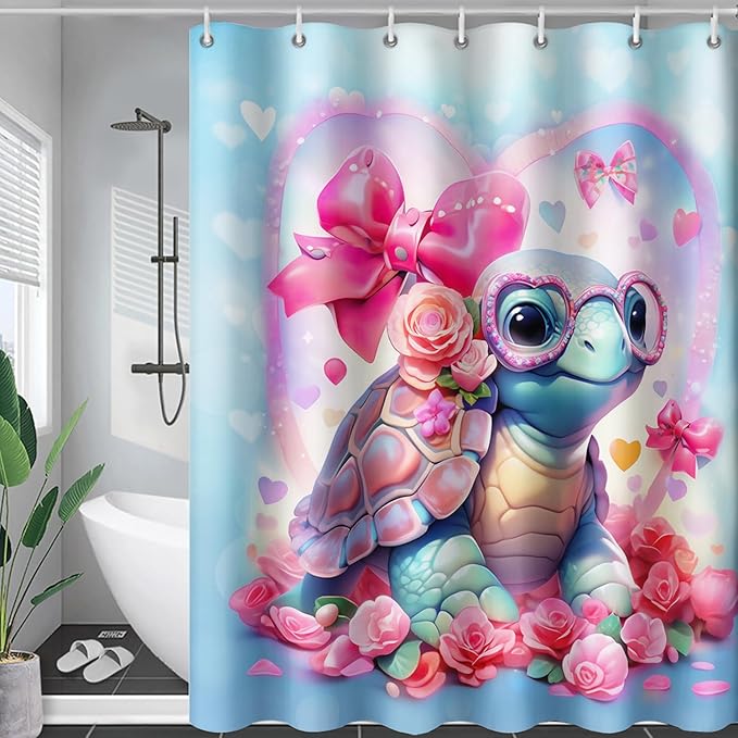 AILONEN Cute Sea Turtle Shower Curtain for Bathroom,Kawaii Turtle Pink Flower Print Bath Curtain 72" W*84" H,Girls Women Modern Decorative Waterproof Curtain with 12 Plastic Hooks