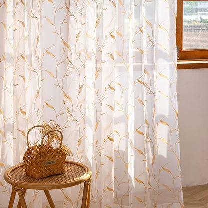 Windows Sheer Curtains Embroider Yellow Leaf 95 Inches Length 2 Panels Voile Light Filtering Sheer Curtains Panel Basic Rod Pocket for Bedroom Living Room Children Room