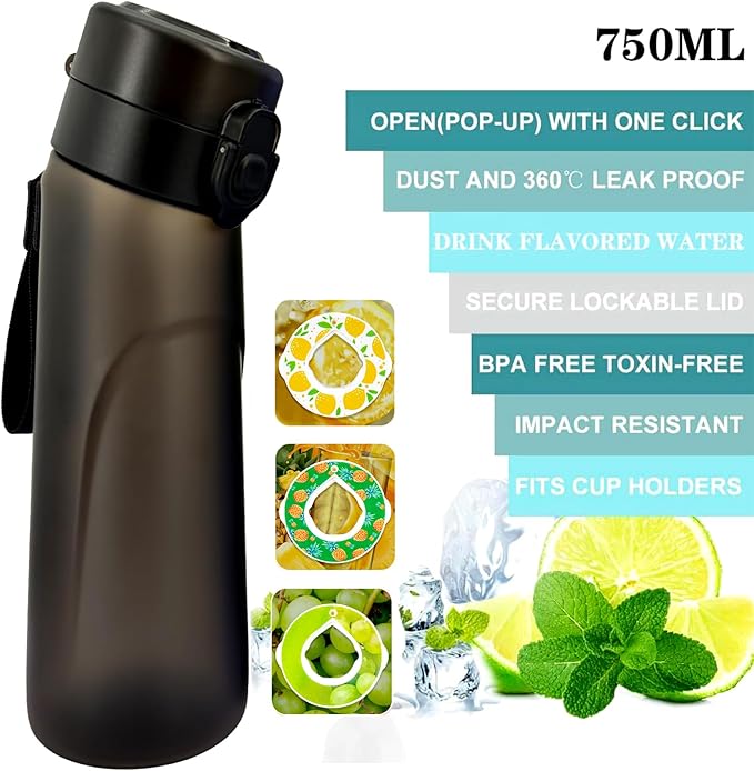 Air Water Bottle,750ML Scent Water Cup with 3 Flavour Pods,Leak Proof Sports Water Cup with Straw Suitable for Outdoor Sports,Gifts From Friends, Birthday Gifts (New Black + 3pods)