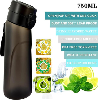 Air Water Bottle,750ML Scent Water Cup with 3 Flavour Pods,Leak Proof Sports Water Cup with Straw Suitable for Outdoor Sports,Gifts From Friends, Birthday Gifts (New Black + 3pods)