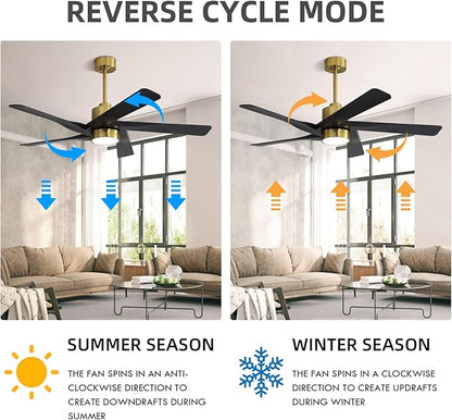 WINGBO 64" ABS DC Ceiling Fan with Lights, 5 Blade ABS Plastic Ceiling Fan with Remote, 6-Speed Reversible DC Motor, LED Ceiling Fan for Kitchen Bedroom Living Room, Brass and Matte Black
