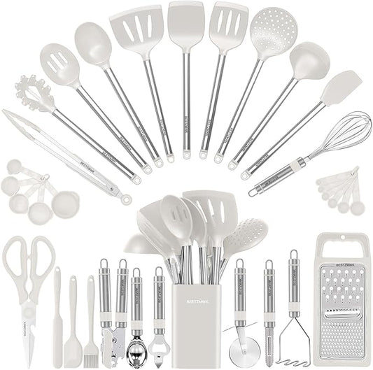 Kitchen Utensil Set-Silicone Cooking Utensils-33 Kitchen Gadgets & Spoons for Nonstick Cookware-Silicone and Stainless Steel Spatula Set-Best Kitchen Tools, Useful Pots (Cream White)