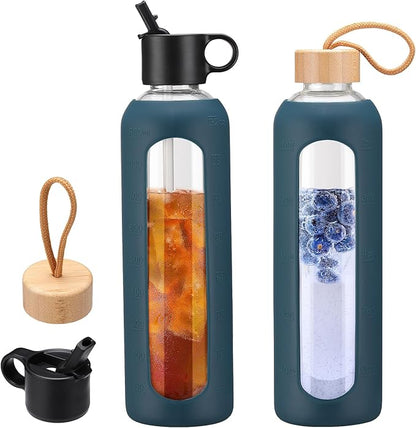 32oz Glass Water Bottle With 2 Lids-Flip Straw Lid, Bamboo Lid, Glass Water Bottle With Silicone Sleeve, Motivational Time Marker, Glass Juice Bottle for Cold Drink,Navy Blue