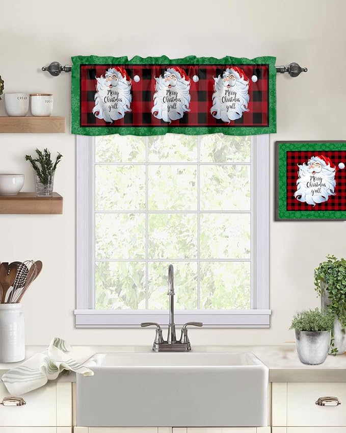 Merry Christmas Y'all Kitchen Curtains Valances for Windows XMAS Santa Claus Rod Pocket Window Treatment for Kitchen/Living Room/Bedroom/Bathroom,42" X 12" -1 Panel, Red Buffalo Plaid