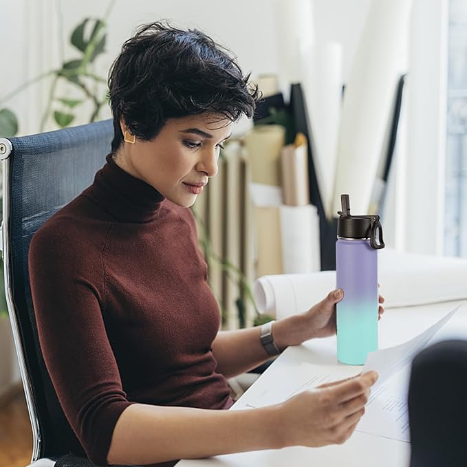 Volhoply 24 Ounce Insulated Water Bottle With Straw Lid,Stainless Steel Wide Mouth Sport Bottles With Handle,Double Wall Vacuum Thermos keep Cold,Reusable Travel Thermal Cups For Holder(Purple Blue,1)