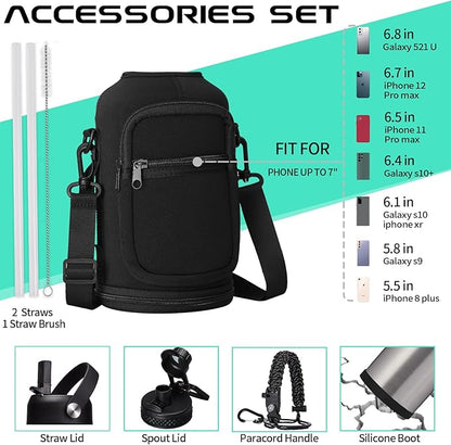 64 oz Insulated Water Bottle Stainless Steel - Gallon Water Bottle with Straw, Half Gallon Water Jug Wide Mouth, Sweat-Proof Metal Flask Mug with Paracord Handle For Gym Camping Hiking