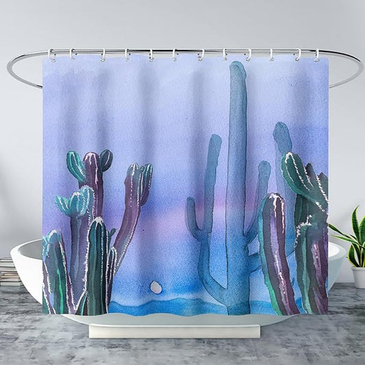 AILONEN Watercolor Cactus Shower Curtain,Blue-Purple Dreamy Theme Bathroom Fabric Shower Curtain for Boys Kids Teens, 72" W*96" H Night Cactus Forest Bathroom Decor