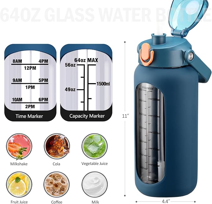 64 oz Glass Water Bottle with Straw and 2 Lids, Half Gallon Water Bottle with Sleeve, Large Insulated 2 Liter Glass Water Jug Time Marker with Handle - Dark Blue