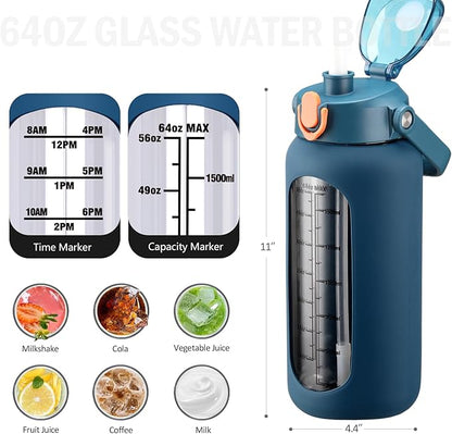 64 oz Glass Water Bottle with Straw and 2 Lids, Half Gallon Water Bottle with Sleeve, Large Insulated 2 Liter Glass Water Jug Time Marker with Handle - Dark Blue