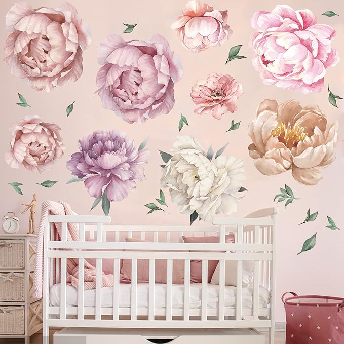 9 Pieces Large Peony Watercolor Wall Decals Peel and Stick, Oppro Big Size Floral Peonies Blossom Colorful Flower Leaves Wall Stickers Decor for Living Room Bedroom Kids Room Decoration, Pink Purple