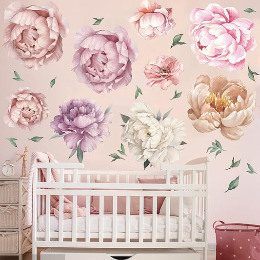 9 Pieces Large Peony Watercolor Wall Decals Peel and Stick, Oppro Big Size Floral Peonies Blossom Colorful Flower Leaves Wall Stickers Decor for Living Room Bedroom Kids Room Decoration, Pink Purple