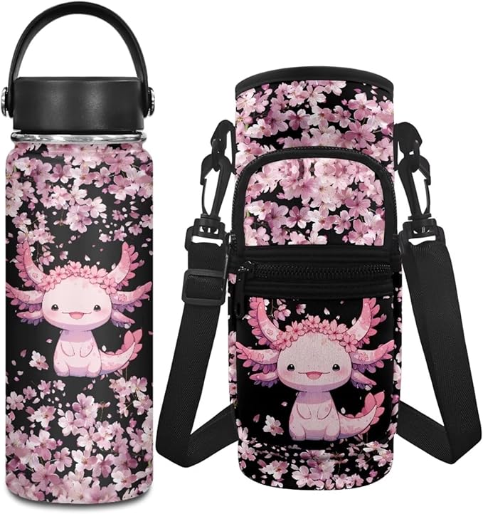 Axolotl Stainless Steel Water Bottle 18 OZ Cherry Blossom Insulated Water Bottle Carrier Sling Bag Water Bottle Pouch Adjustable Strap