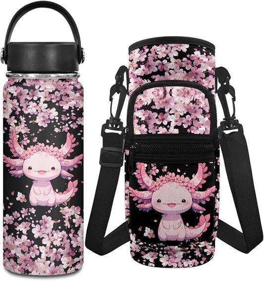 Axolotl Stainless Steel Water Bottle 18 OZ Cherry Blossom Insulated Water Bottle Carrier Sling Bag Water Bottle Pouch Adjustable Strap