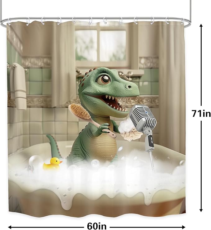 LGhtyro Kids Funny Dinosaur Shower Curtain Bathroom Set 60Wx71H Inches Boys Cartoon Dino Singing in Bathtub Cute Trex Animal Raptor Child Bath Accessories Bubbles Art Home Decor Fabric 12 Pack Hooks