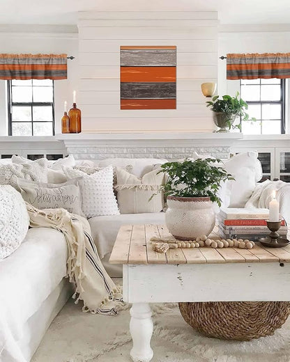 Farmhouse Kitchen Curtains Thanksgiving Fall Valances for Windows Burnt Orange Gray Rod Pocket Country Window Treatment for Kitchen /Living Room/Bedroom/ Bath,54" X 18" -1 Panel, Rustic Wood Texture