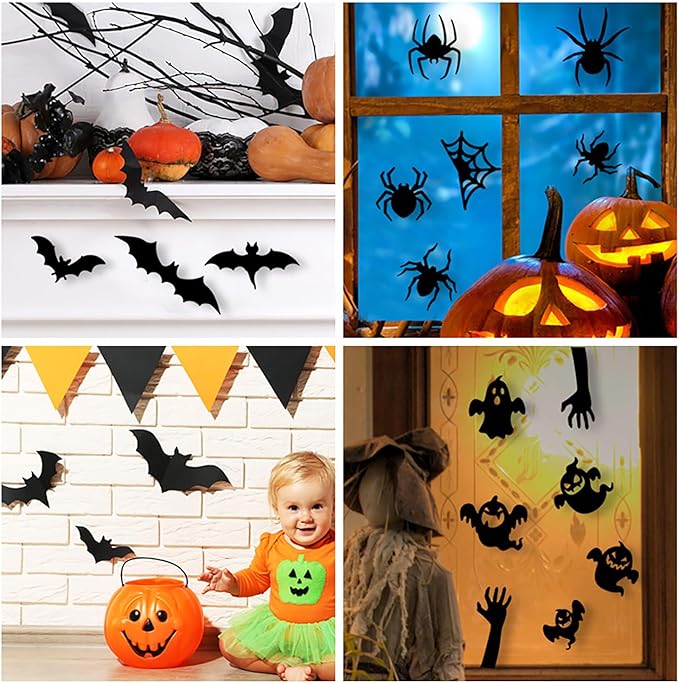 Halloween Window Clings Stickers Decoration 3D Stereoscopic Black Bat Spider Ghost Design Halloween Window Cling Decal Festival Decor Halloween Window Stickers for Kids Party Supplies Glass Decor