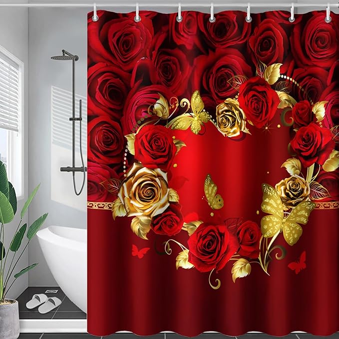 AILONEN Red Rose Couple Shower Curtain,Red and Gold Hearts Printed Bath Curtain,Modern Waterproof Luxury Rose Themed Bathroom Decor, 72" W x 96" H