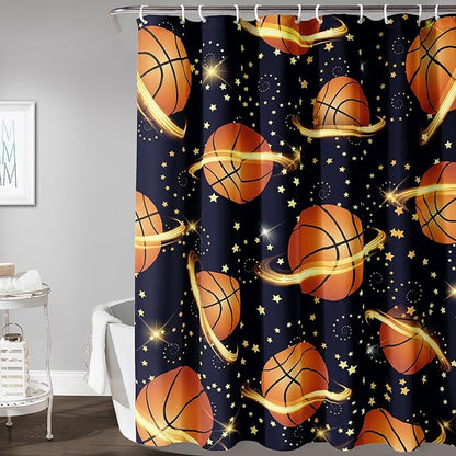 AILONEN Sports Basketball Shower Curtain for Bathroom, Space Planet Ball Print Bath Curtain,Yellow Star Basketball Kids Boys Bathroom Decor Waterproof 72" W*72" H Inch with 12 Plastic Hooks
