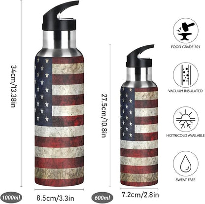Alaza American Flag Patriotic Water Bottle With Straw Lids Boys Girls,Vacuum Insulated Leakproof Stainless-Steel Sports Bottle Thermal Flask For Gym Yoga Camping,34Oz (1000Ml)