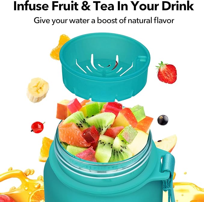 32oz Motivational Water Bottle with Time Marker & Fruit Strainer, Leak-proof BPA Free Non-Toxic Bottle with Carrying Strap, Perfect for Fitness, Gym and Outdoor Sports