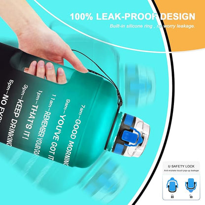 QuiFit Motivational Gallon Water Bottle - with Time Marker & Infuser & Flip Top Leak-Proof Reusable Water Jug for Fitness Outdoor Sports Enthusiasts BPA Free (A8-Green/Black Gradient, 1 Gallon)