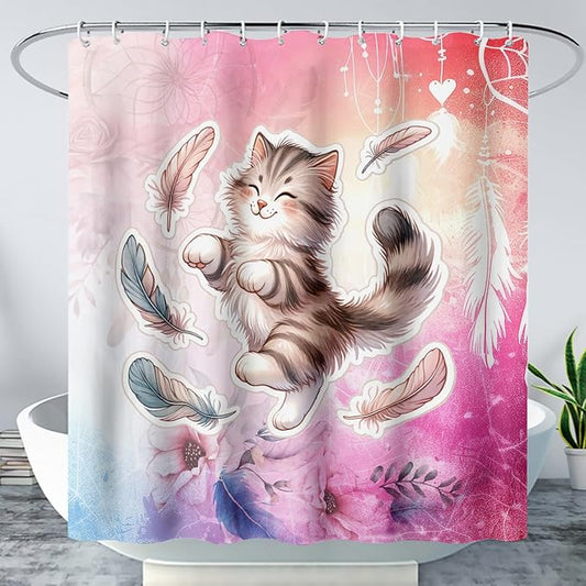 AILONEN Cartoon Cat Shower Curtain,Kawaii Dance Kitten and Feathers Bathroom Curtain Set for Kids Boys,Cute Animal Kittens Waterproof Shower Curtain for Bathroom, 72" W*72" H Pink