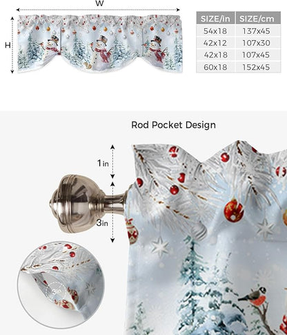 Snowman Blackout Tie Up Valance Curtains for Kitchen Windows Blue Merry Christmas Tree Red Balls Squirrel Window Toppers Balloon Shades for Living Room/Bathroom/Bedroom,1 Panel, 54" X 18", Winter