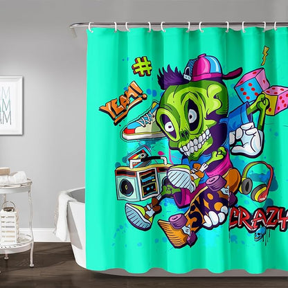 AILONEN Skate Skull Shower Curtain for Bathroom,Green Hip Hop Sport Skull Art Bathroom Curtain for Kids Girls Teen,Bath Curtain 72" W*78" H Polyester Waterproof Bathroom Curtain with 12 Hooks