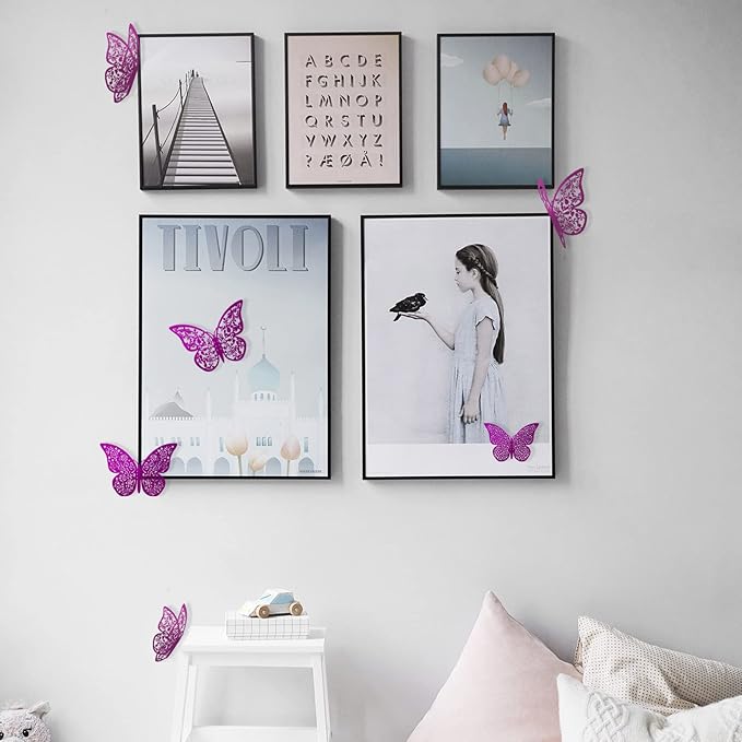 72Pcs 3D Butterfly Wall Decor 3 Sizes 3 Styles, Removable Butterfly Stickers Wall Decals, Butterfly Decorations Party Birthday Cake Decoration for Kids Nursery Wedding Bedroom Room(Purple)
