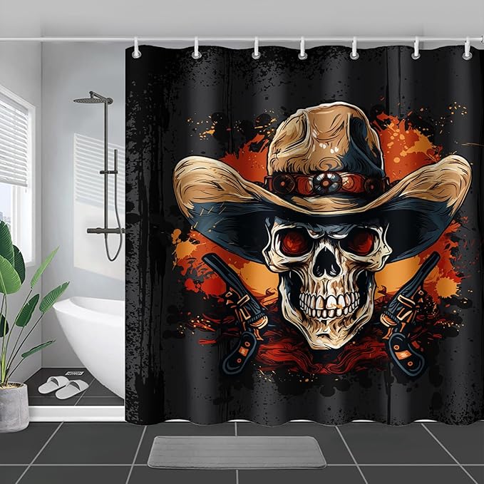 AILONEN Gothic Skull Shower Curtain for Bathroom,Graffiti Fire Gun Skull Black Art Bathroom Curtain for Kids Girls Teen,Bath Curtain 48" W*72" H Polyester Waterproof Bathroom Curtain with 12 Hooks