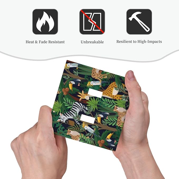 Cartoon Animal Zebra Leopard Giraffe Bird Leaf Double Toggle Nursery Light Switch Covers Decorative 2 Gang Wall Plate Dual Electrical Faceplate Switchplate for Kidroom Living Room Decor