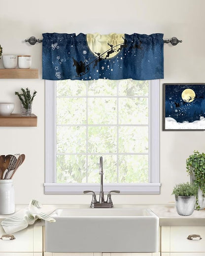 Christmas Kitchen Curtains Valances for Windows Santa Claus Reindeer Rod Pocket Window Treatment for Kitchen/Living Room/Bedroom/Bathroom,60" X 18" -1 Panel, Blue Snowy Night
