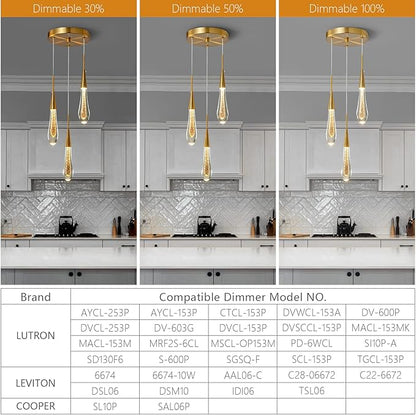 LMQNINE Kitchen Light Fixtures Ceiling Dimmable LED Modern Gold Pendant Light Mini Teardrop Crystal Pendant Light for Kitchen Island Bedroom Hallway Entryway (3-Light)