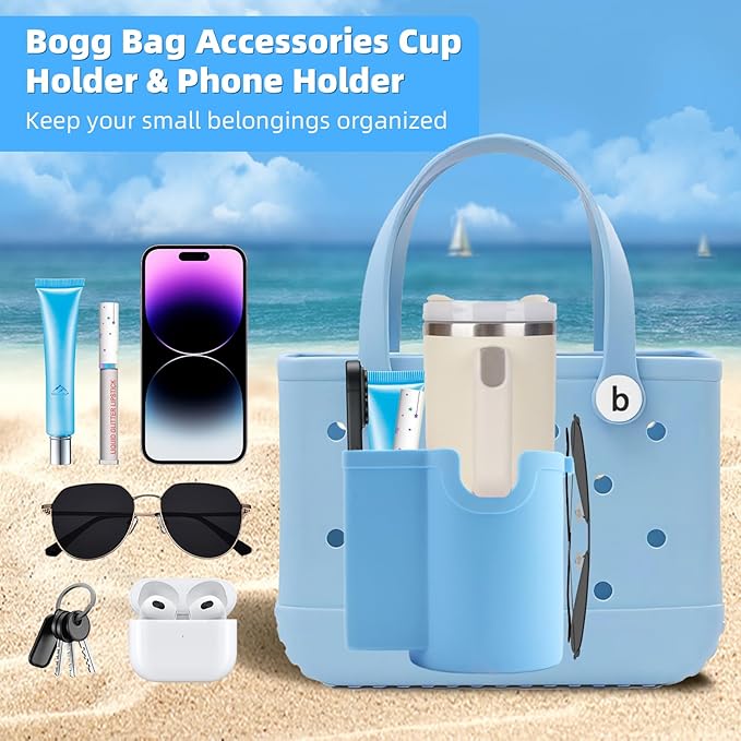 Bogg Bag Cup Holder and Phone Holder, Silicone Bogg Bag Accessories Compatible with All Bogg Bags & Simply Southern Totes, Bogg Bag Organizer for Stanley Cup/Sunglasses/Wallet(Blue)
