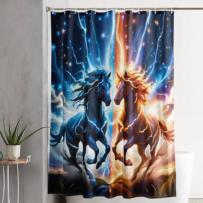 AILONEN 3D Horse Shower Curtain,Bohemian Lightning Galloping Horses Waterproof Fabric Shower Curtains for Bathroom,Animals Theme Bath Curtain Set with Hooks, 72" W*96" H