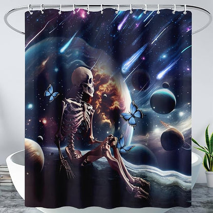 AILONEN Skull Shower Curtain for Kids,Solar System Skeleton Bath Curtain for Bathroom Decor,Galaxy Skull Polyester Waterproof with 12 Plastic Hooks for Boys Girls 48" W*72" H