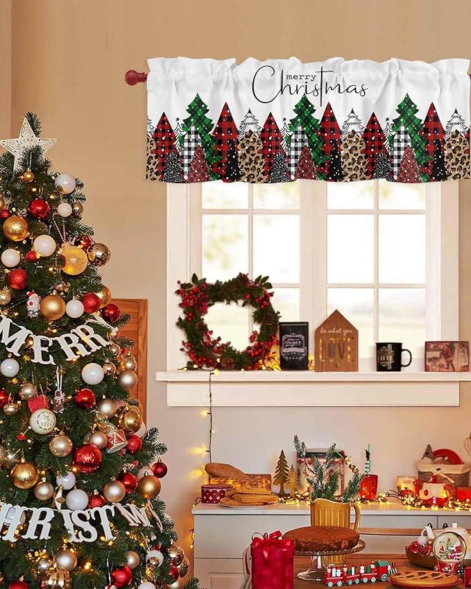 Merry Christmas Valance Curtains for Kitchen Windows Buffalo Plaid Xmas Tree Winter Forest Farmhouse Rod Pocket Window Treatment Toppers for Kitchen/Living Room/Bedroom/Bathroom, 42" X 12",Red Green