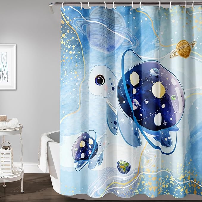 AILONEN Sea Turtle Shower Curtain,Blue Space Planet Turtle Bath Curtain,Watercolor Ocean Turtle Shower Curtain Waterproof for Bathroom Decor with 12 Plastic Hooks, 48" W*72" H