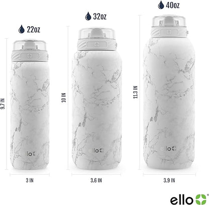 Ello Cooper 40oz Stainless Steel Water Bottle with Straw and Carry Handle, Double Walled and Vacuum Insulated Metal, Leak Proof Locking Lid with Soft Silicone Spout, Reusable, BPA Free, White Marble