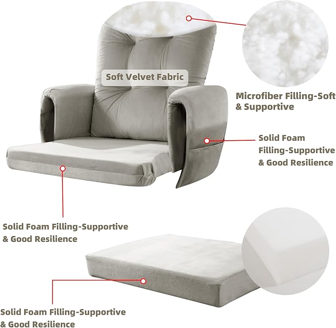 5 PCS Velvet Glider Rocker Replacement Cushions with Side Storage Pocket, Thickened & Supportive Cushions Set for Indoor Nursery Rocking Chair, Khaki