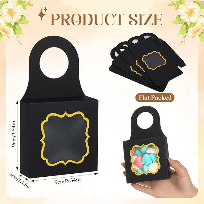 40PCS Wine Bottle Box with Window, Megitzuu Kraft Paper Wine Boxes for Gifts Hanging Wine Treat Box Mini Charcuterie Boxes Empty Champagne Bottles Gold Foil Gift Box Hanger Candy Box for Party (Black)