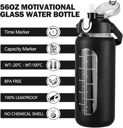 kytffu 56oz Glass Water Bottles with Straw, Motivational Glass Bottle with Silicone Sleeve and Time Marker, Leakproof Large Glass Water Jug for Gym Home Office, Black.