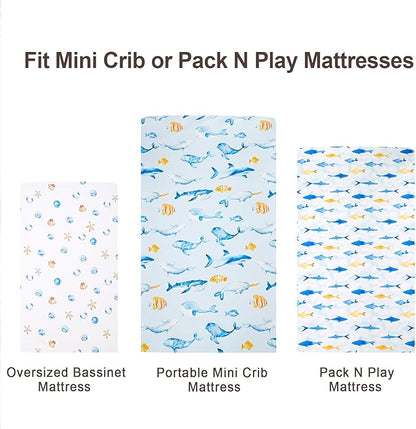 3 Pack Mini Crib Sheets, Premium Pack N Play Sheets for Boys Girls Neutral, Soft Breathable Baby Sheets Fit Pack N Play, Playard and Mini Crib Mattresses, Whale