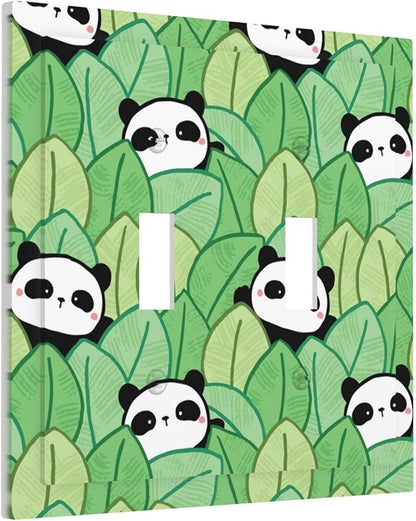 Cartoon Panda and Leaf Double Toggle Light Switch Covers 2 Gang Wall Plate Dual Decorative Switchplate Electrical Faceplate for Bathroom Country Kitchen Bedroom Decor, 4.9" x 5"