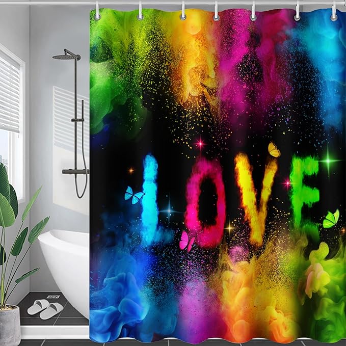 AILONEN Girls Shower Curtain for Bathroom, Rainbow Smoky Love Printed Bathroom Curtain Decor,Women Colorful Bath Curtain Polyester Waterproof Bathroom Curtain with 12 Hooks(60" W*72" H)