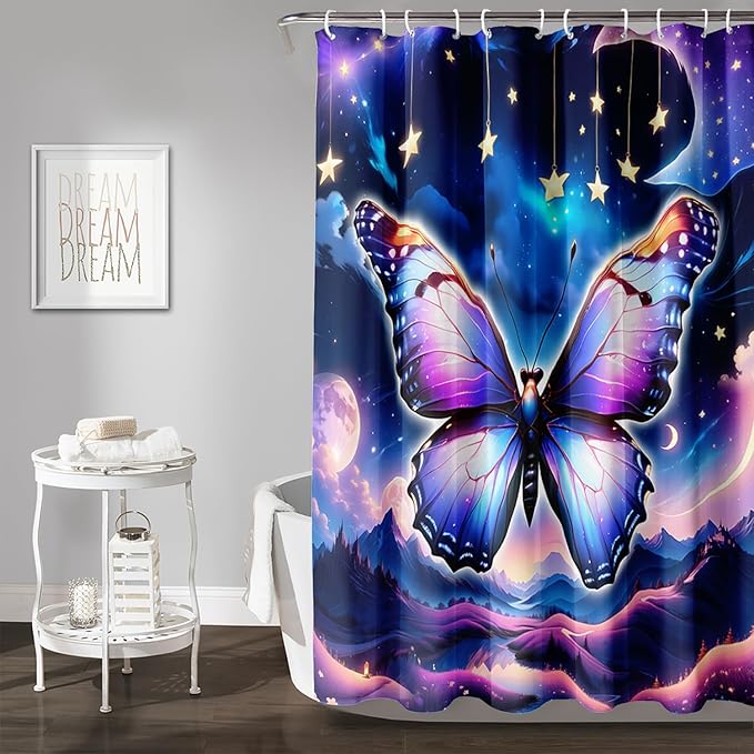 AILONEN Butterfly Shower Curtain for Girls, Fairy Purple Clouds Print Starry Butterfly Bath Curtain,Fantasy Moon Butterfly Decoration Bathroom Waterproof Curtain with 12 Plastic Hooks, 60" W*72" H